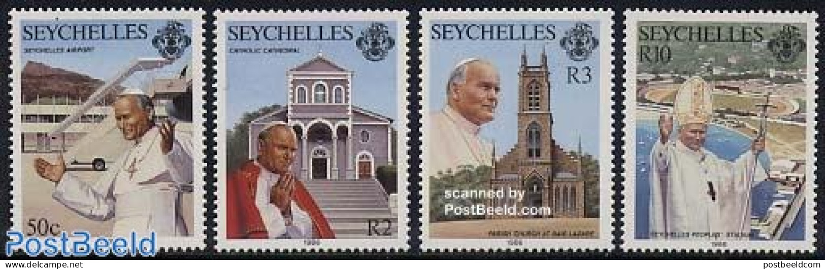 Seychelles 1986 Visit Of Pope John Paul II 4v, Mint NH, Religion - Churches, Temples, Mosques, Synagogues - Pope - Rel.. - Churches & Cathedrals