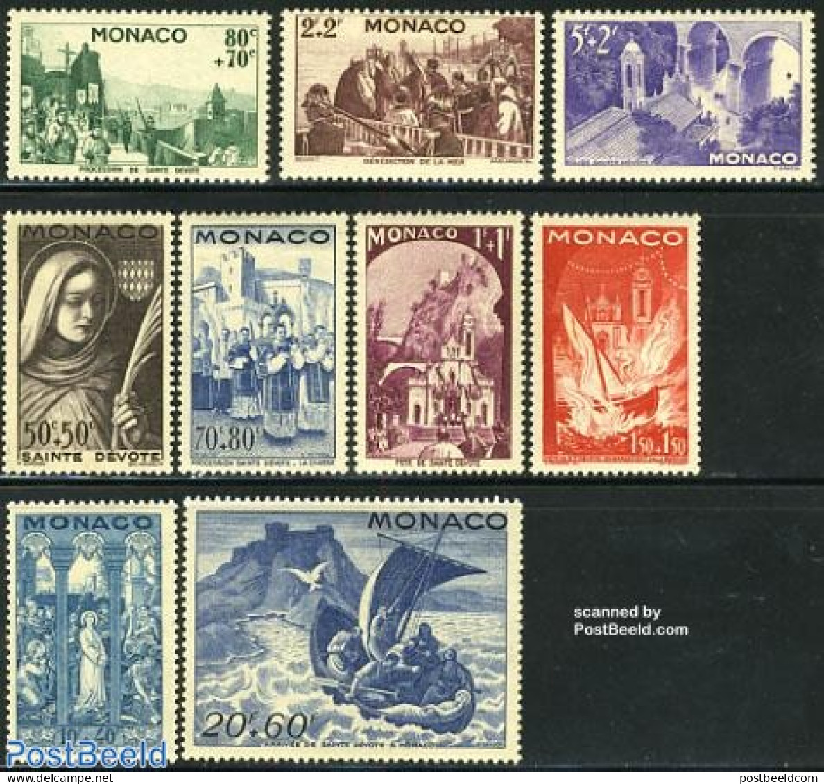 Monaco 1944 Saint Devote Festival 9v, Mint NH, Religion - Transport - Religion - Ships And Boats - Ungebraucht