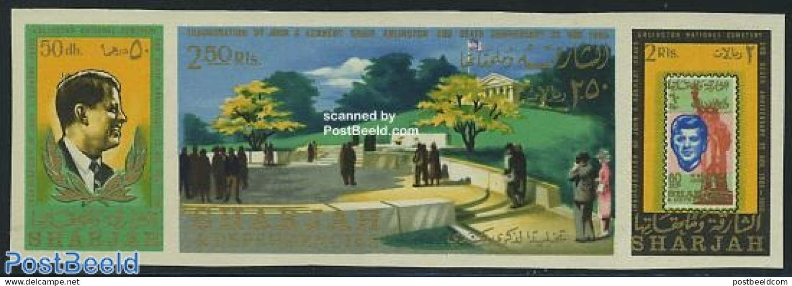 Sharjah 1966 J.F. Kennedy 3v Imperforated [::], Mint NH, History - American Presidents - Stamps On Stamps - Francobolli Su Francobolli