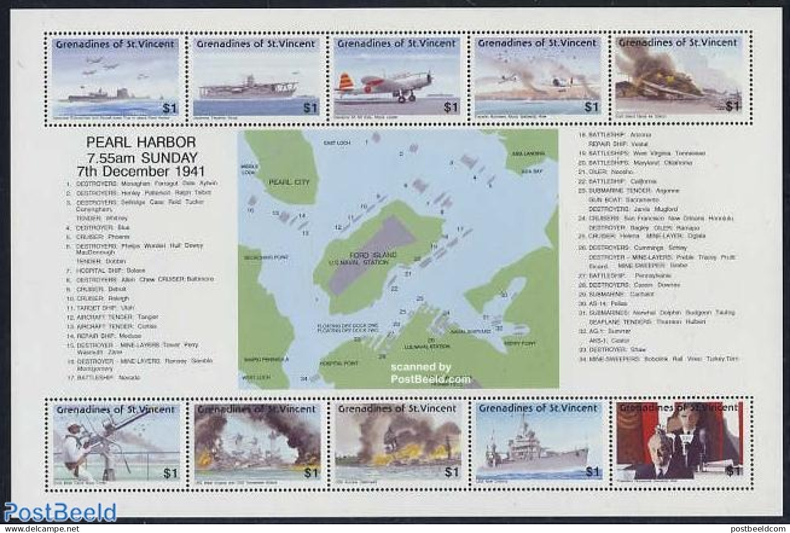 Saint Vincent & The Grenadines 1991 Pearl Harbour 10v M/s, Mint NH, History - Transport - Various - World War II - Shi.. - WW2