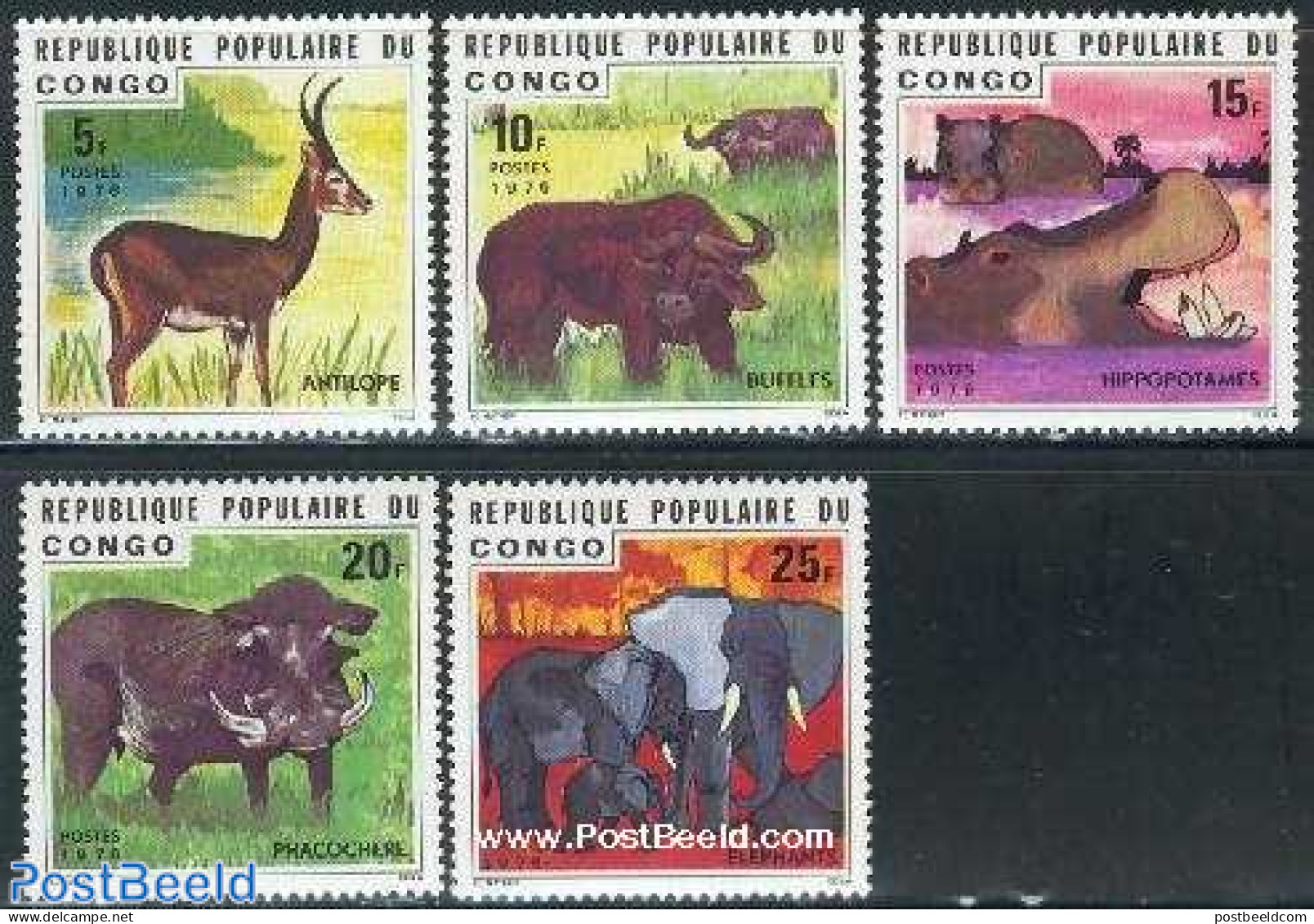 Congo Republic 1976 Animals 5v, Mint NH, Nature - Animals (others & Mixed) - Elephants - Hippopotamus - Other & Unclassified