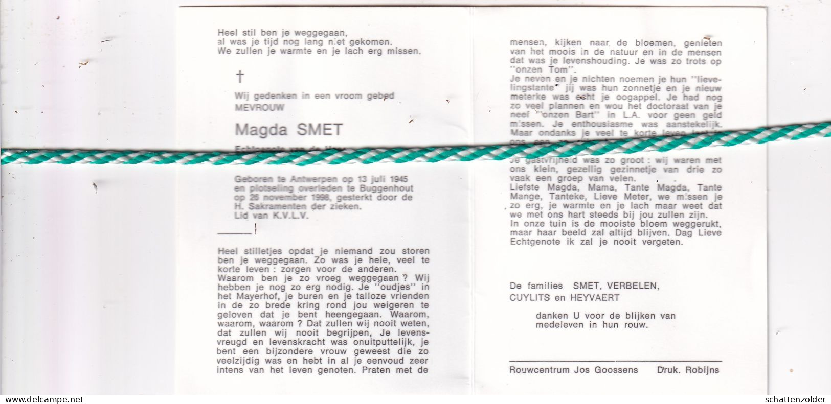 Magda Smet-Verbelen, Antwerpen 1945, Buggenhout 1998. Foto - Obituary Notices