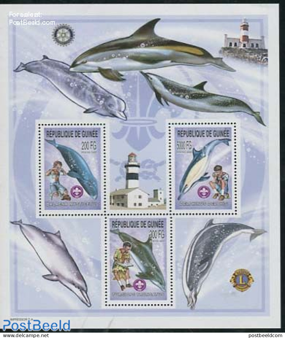 Guinea, Republic 2002 Scouting, Whales 3v M/s, Mint NH, Nature - Sport - Various - Sea Mammals - Scouting - Lighthouse.. - Phares