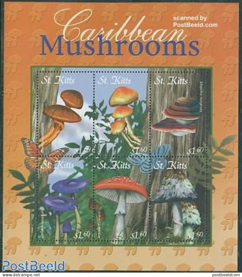 Saint Kitts/Nevis 2001 Mushrooms 6v M/s, Pholotia Spectabilis, Mint NH, Nature - Mushrooms - Funghi