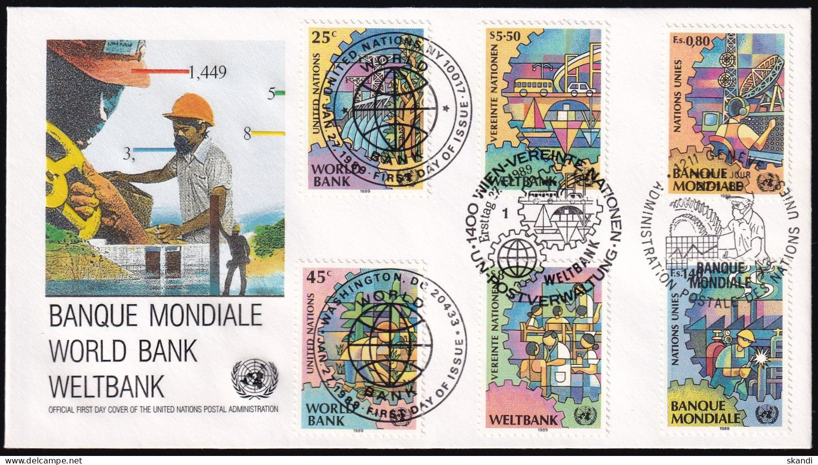 UNO NEW YORK - WIEN - GENF 1989 TRIO-FDC Weltbank - Emissioni Congiunte New York/Ginevra/Vienna