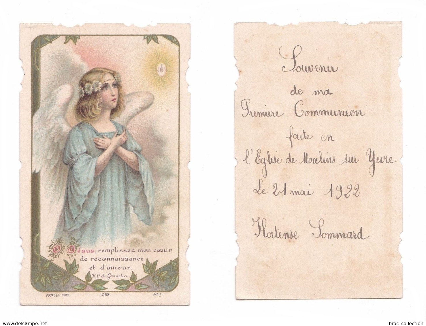 Moulins-sur-Yèvre, 1re Communion D'Hortense Soumard, 1922, Ange, Cit. R. P. De Gonnelieu, éd. Bouasse-jeune 4088 - Devotion Images
