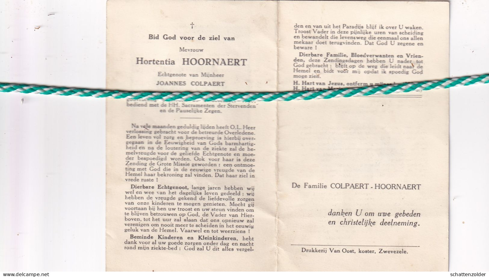 Hortentia Hoornaert-Colpaert, Zwevezele 1893, 1960 - Todesanzeige