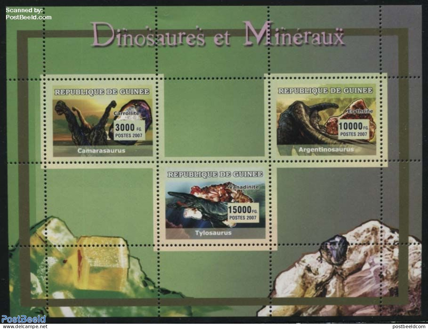 Guinea, Republic 2007 Dinosaurs & Minerals 3v M/s, Mint NH, History - Nature - Geology - Prehistoric Animals - Preistorici