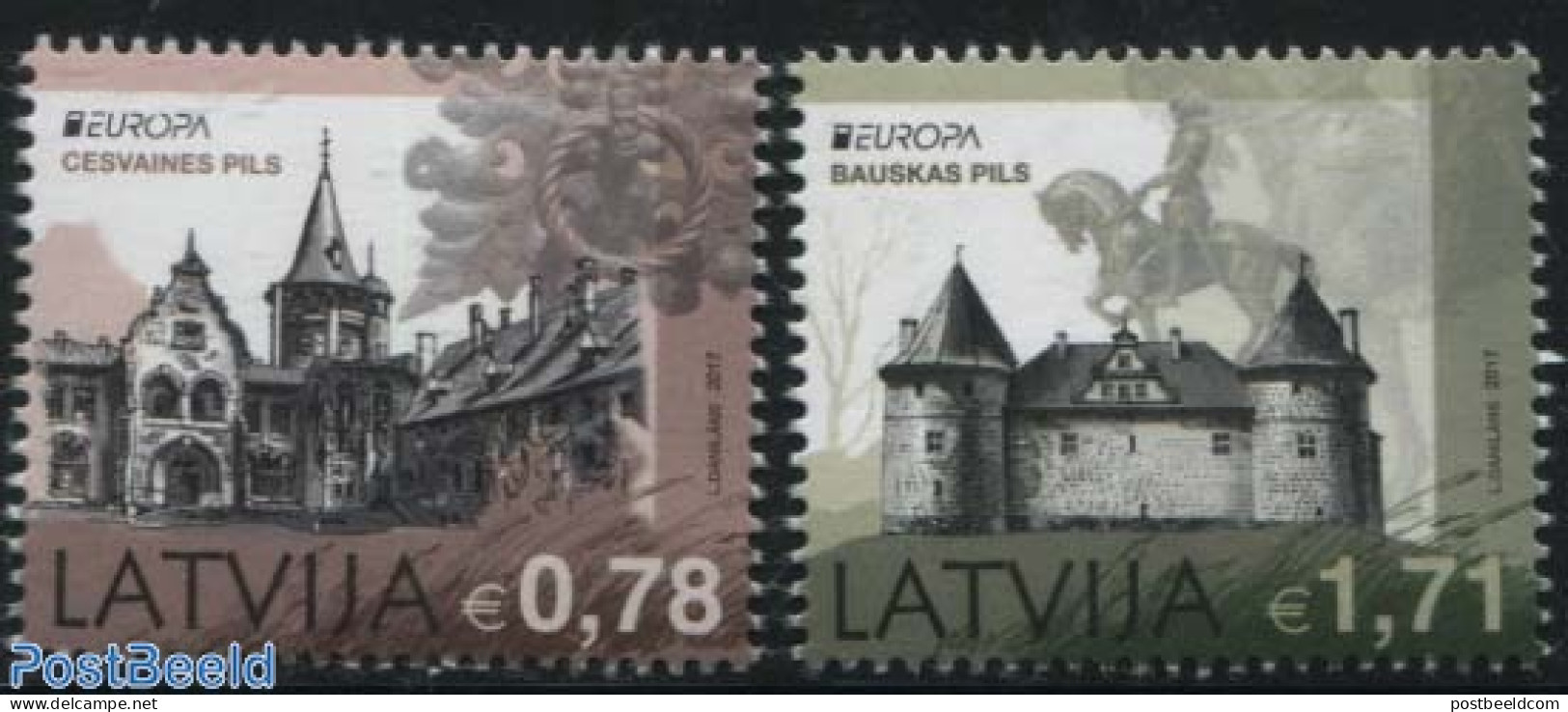 Latvia 2017 Europa, Castles 2v, Mint NH, History - Nature - Europa (cept) - Horses - Art - Castles & Fortifications - .. - Kastelen