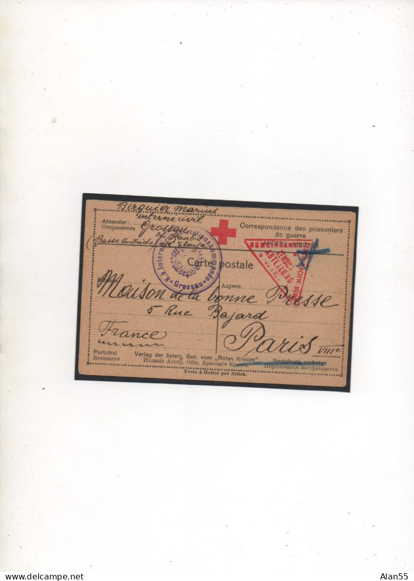 AUTRICHE-HONGRIE,1916,  CORRESPONDANCE PRISONNIER DE GUERRE,GROSSAU ,VIA FRANCE, CENSURES - Covers & Documents