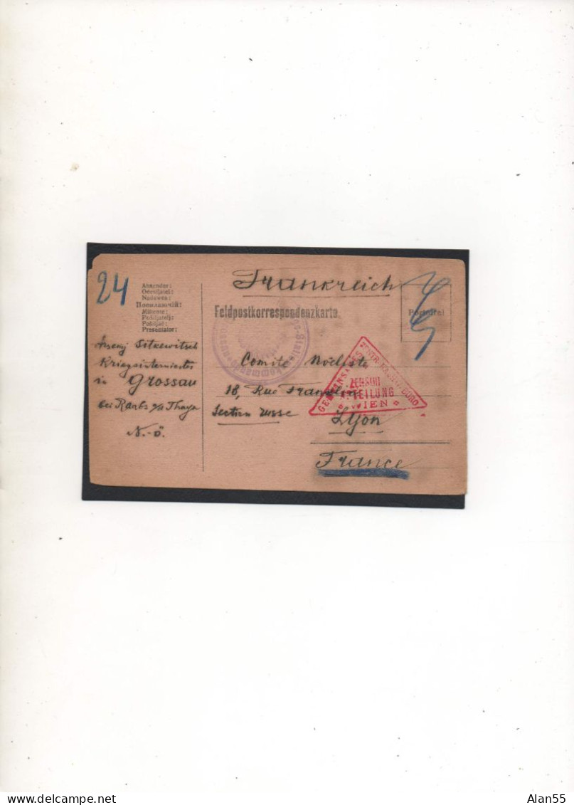 AUTRICHE-HONGRIE,1916,  CORRESPONDANCE PRISONNIER DE GUERRE,GROSSAU, RAABS AND DER  AND THAYA,VIA FRANCE, 2 CENSURES - Storia Postale