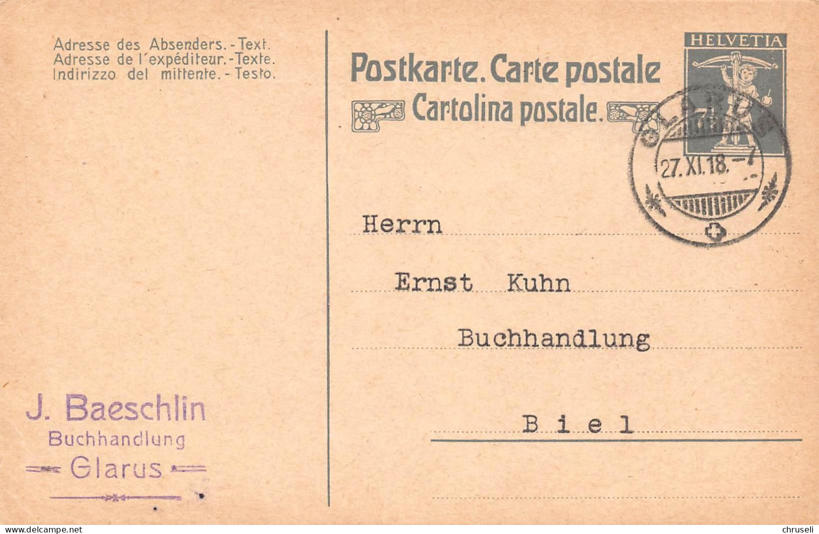 Glarus Buchhandlung  J. Bäschlin Firmen Gewerbestempel Besonderheiten - Enteros Postales