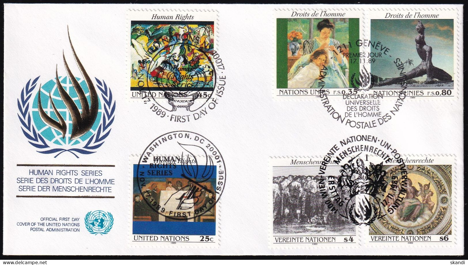 UNO NEW YORK - WIEN - GENF 1989 TRIO-FDC Menschenrechte - Gezamelijke Uitgaven New York/Genève/Wenen