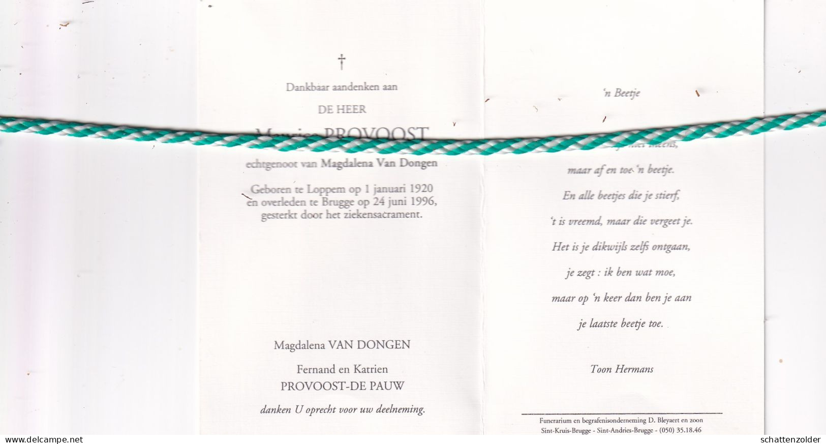 Maurice Provoost-Van Dongen, Loppem 1920, Brugge 1996 - Obituary Notices