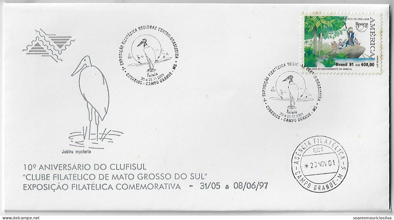 Brazil 2001 Cover With Commemorative Postmark Cancel Bird Jabiru Jaburu Tuiuiu Animal Fauna Campo Grande Pantanal - Storks & Long-legged Wading Birds