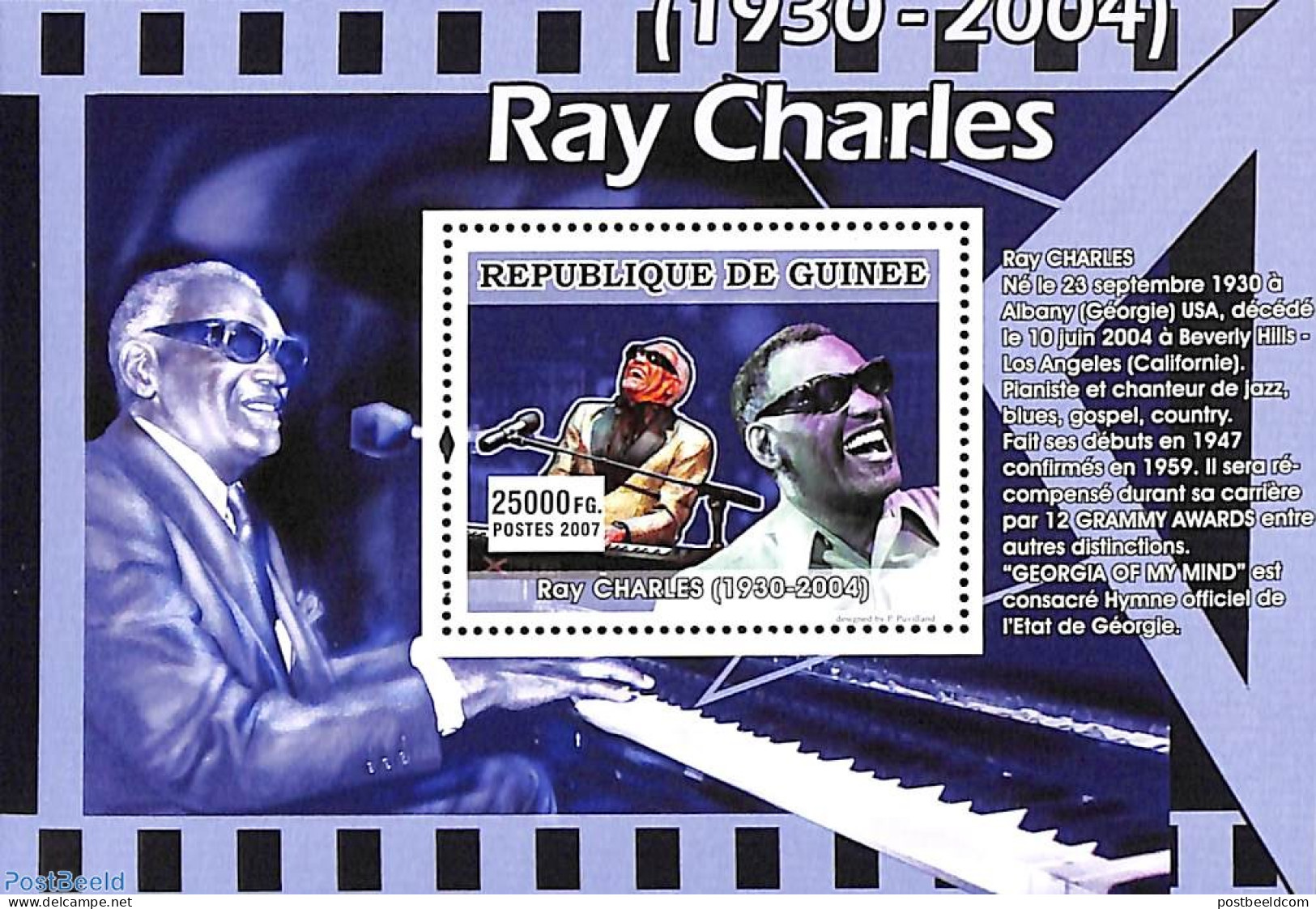 Guinea, Republic 2007 Ray Charles S/s, Mint NH, Performance Art - Music - Popular Music - Musique