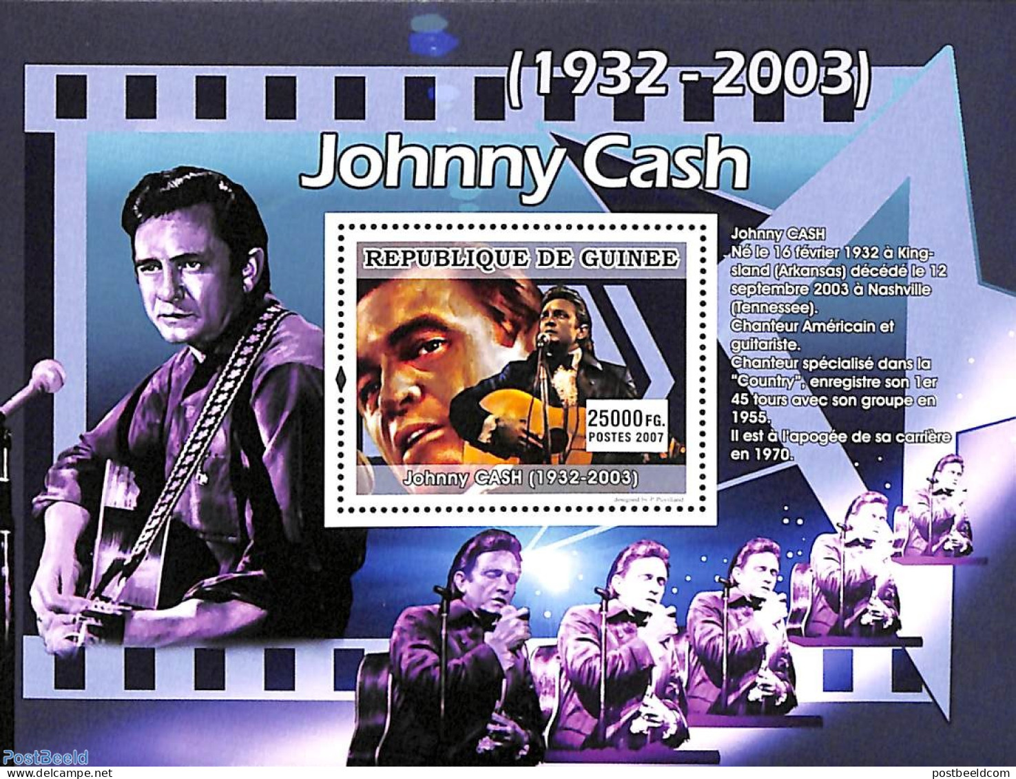 Guinea, Republic 2007 Johnny Cash S/s, Mint NH, Performance Art - Music - Popular Music - Musique
