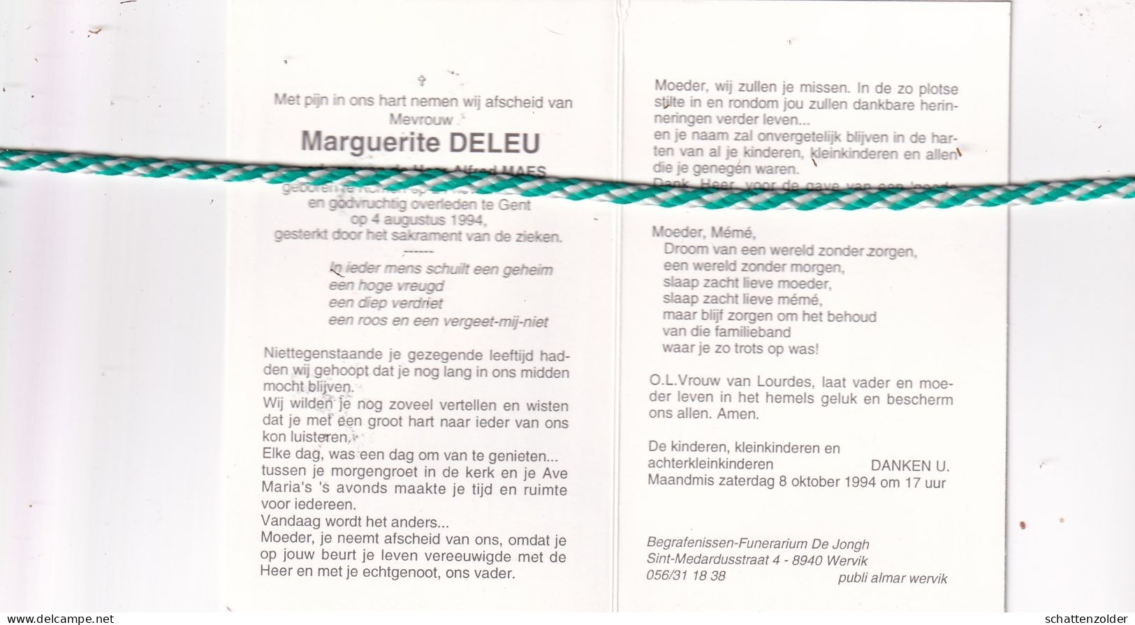 Marguerite Deleu-Maes, Komen 1908, Gent 1994. Foto - Todesanzeige