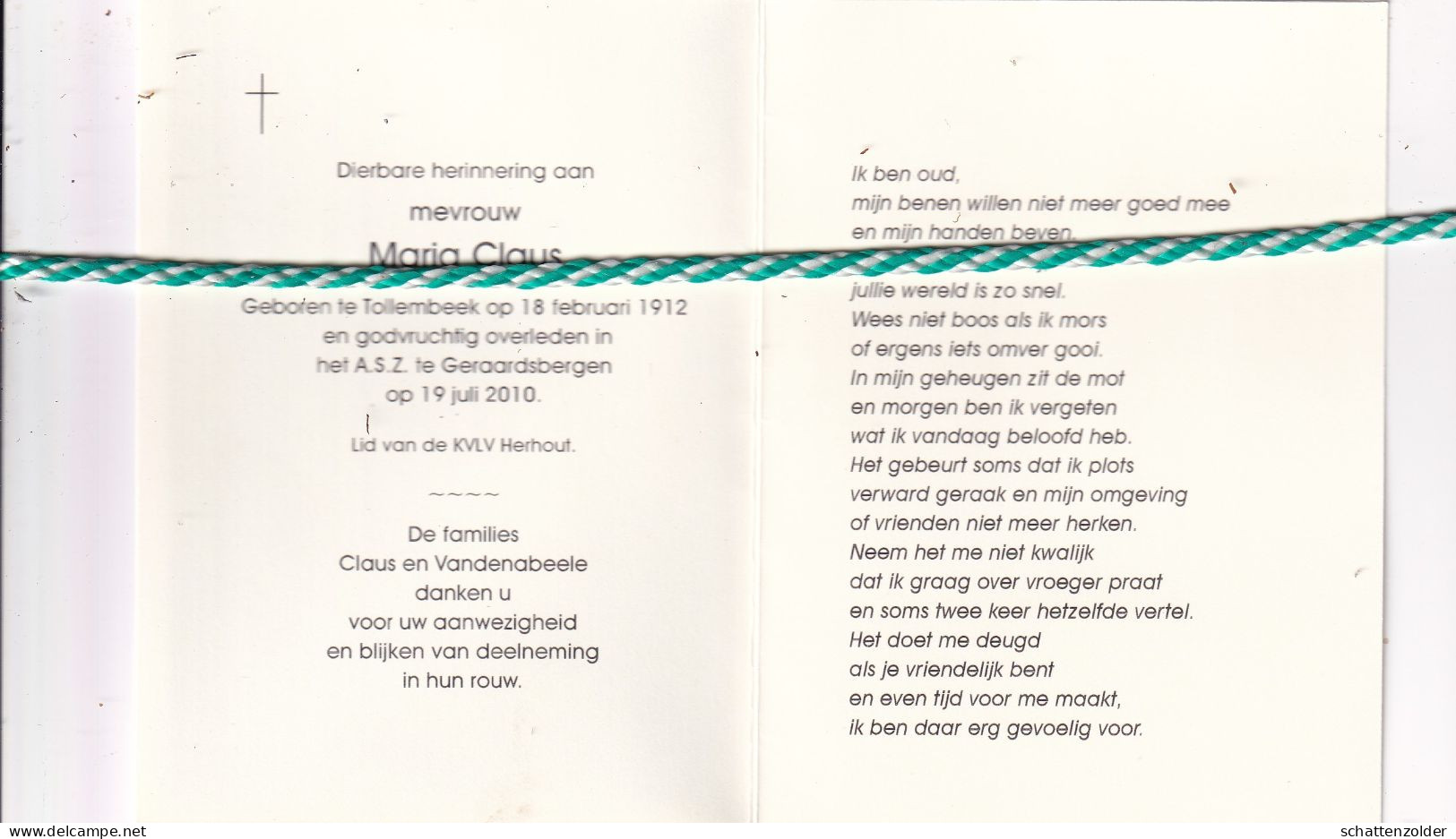 Maria Claus, Tollembeek 1912, Geraardsbergen 2010. Foto - Obituary Notices