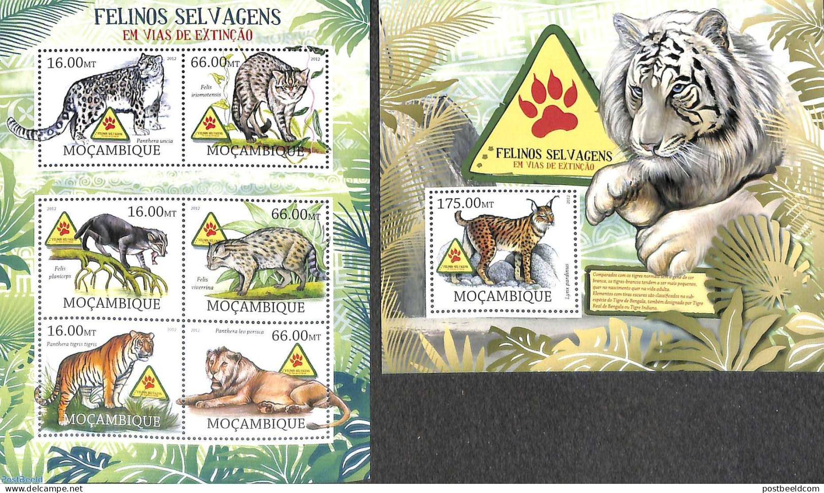 Mozambique 2012 Endangered Catlikes 2 S/s, Mint NH, Nature - Cat Family - Mosambik