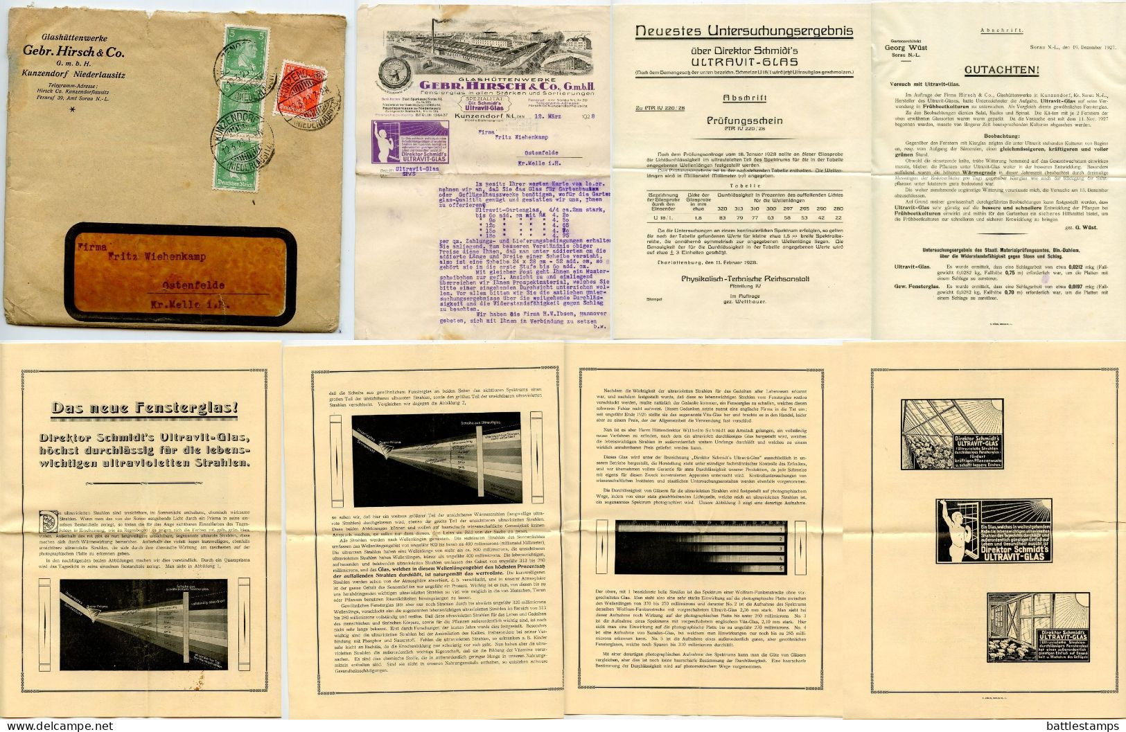 Germany 1928 Cover W/ Letter & Advertisements; Kunzendorf - Gebr Hirsch & Co, Glashüttenwerke; 5pf Schiller & 15pf Kant - Briefe U. Dokumente