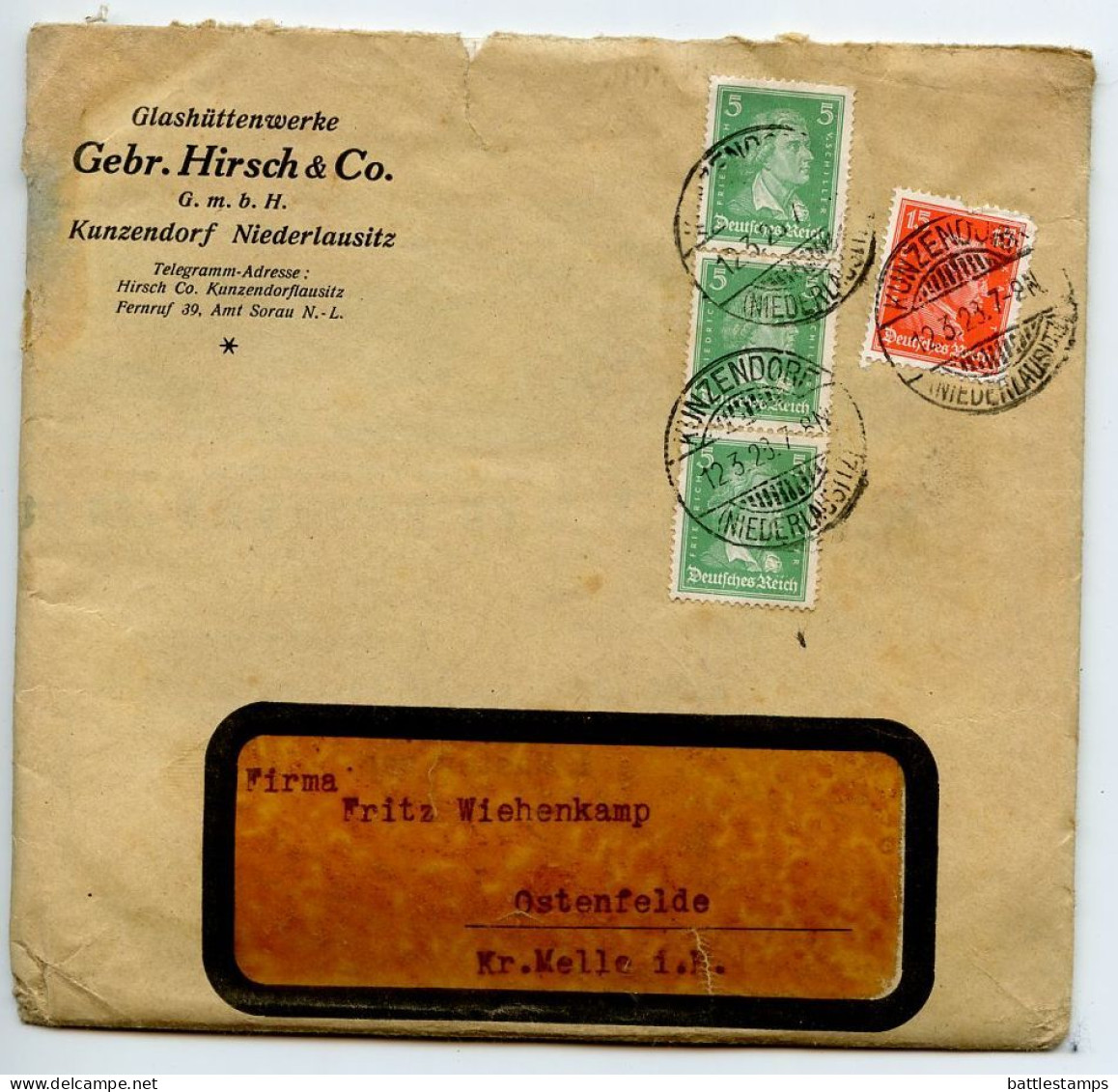 Germany 1928 Cover W/ Letter & Advertisements; Kunzendorf - Gebr Hirsch & Co, Glashüttenwerke; 5pf Schiller & 15pf Kant - Brieven En Documenten