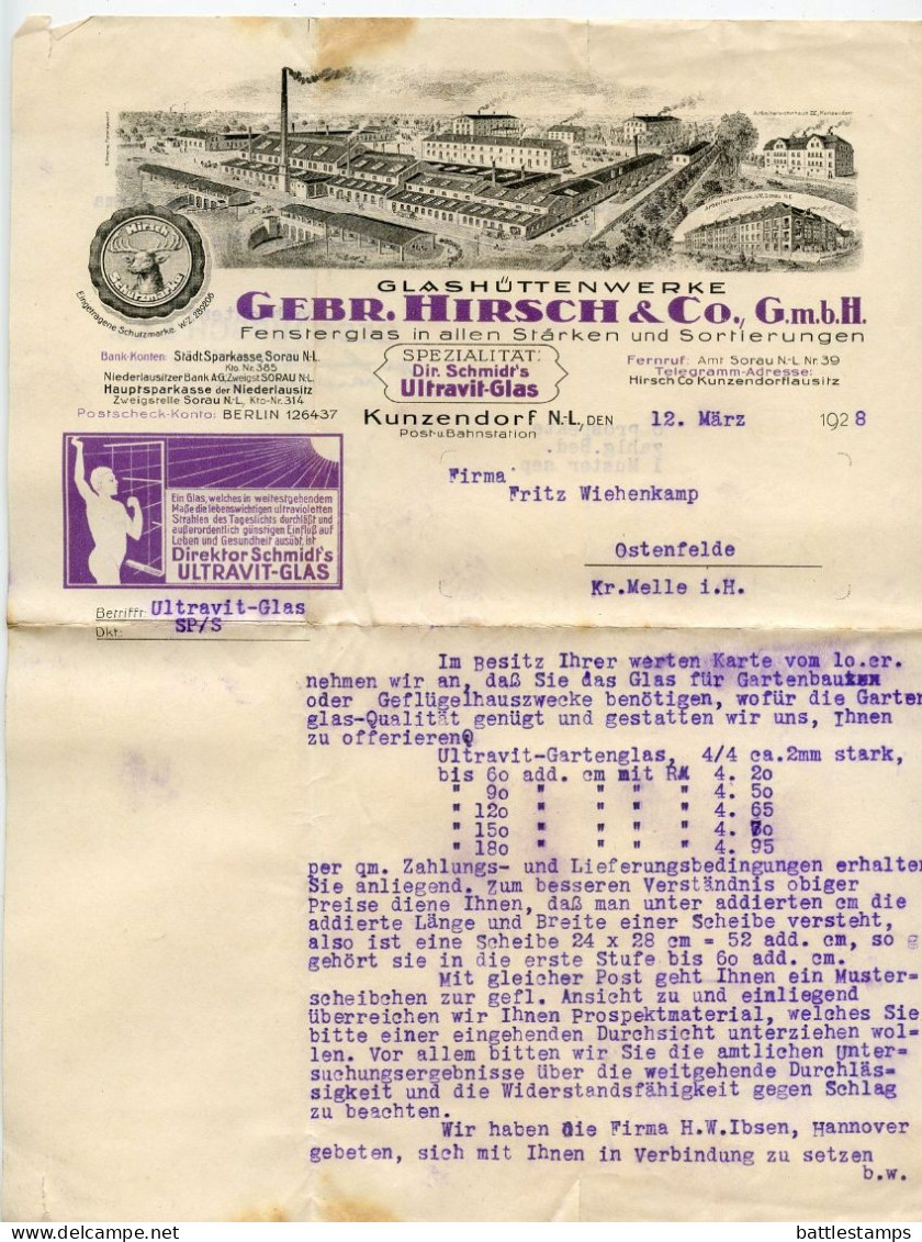 Germany 1928 Cover W/ Letter & Advertisements; Kunzendorf - Gebr Hirsch & Co, Glashüttenwerke; 5pf Schiller & 15pf Kant - Brieven En Documenten