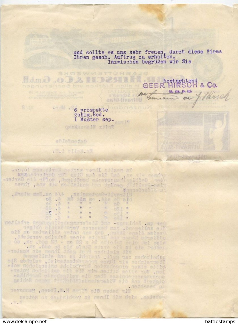 Germany 1928 Cover W/ Letter & Advertisements; Kunzendorf - Gebr Hirsch & Co, Glashüttenwerke; 5pf Schiller & 15pf Kant - Briefe U. Dokumente