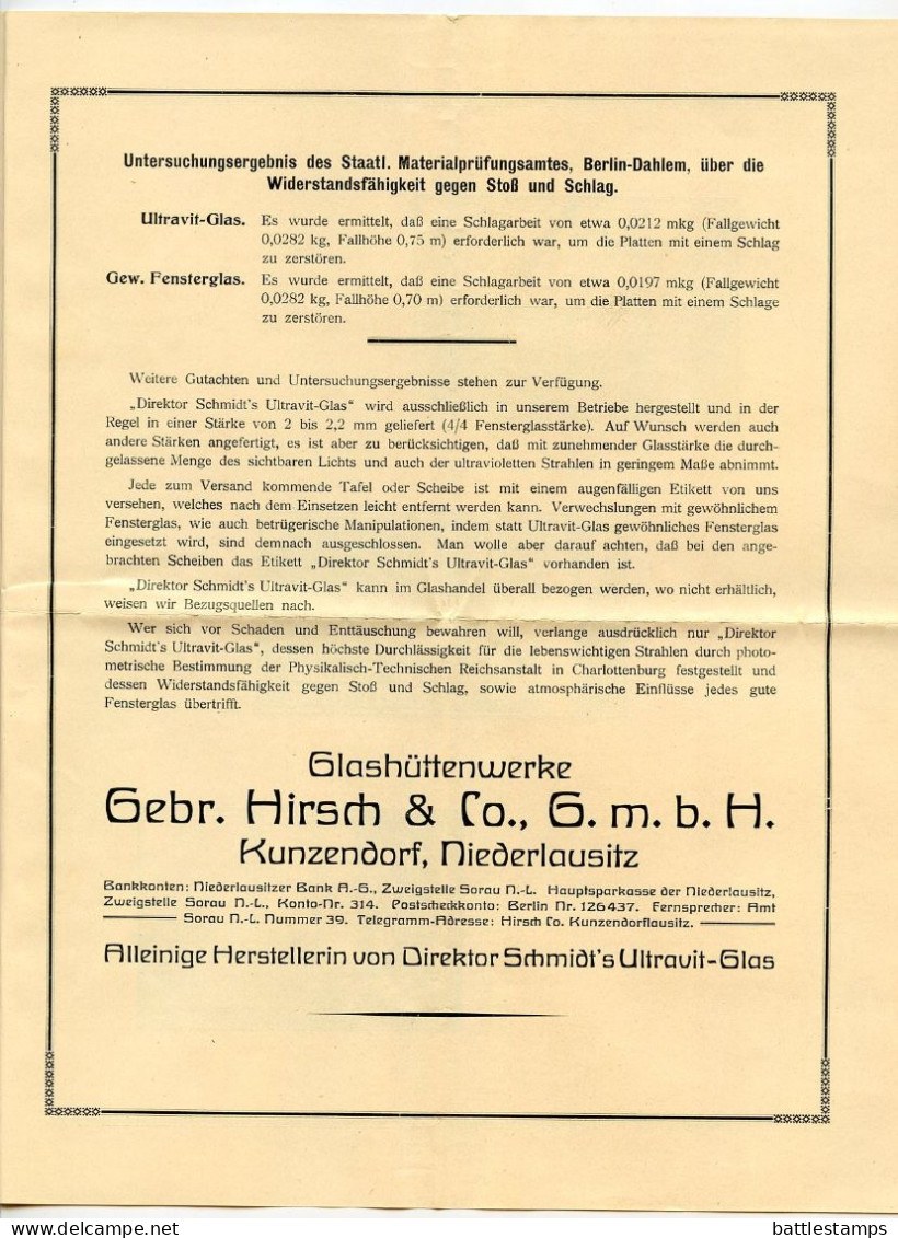 Germany 1928 Cover w/ Letter & Advertisements; Kunzendorf - Gebr Hirsch & Co, Glashüttenwerke; 5pf Schiller & 15pf Kant