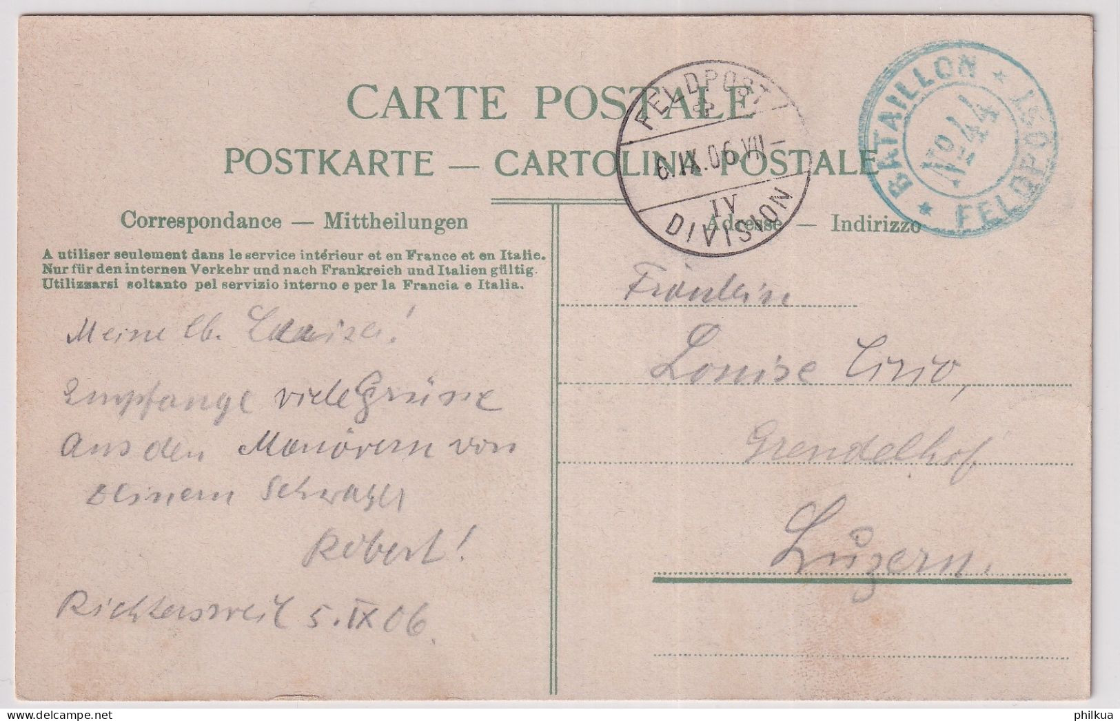 Infantrie - Feldpost Batallion No 44 - Gelaufen 1906 - Otros & Sin Clasificación