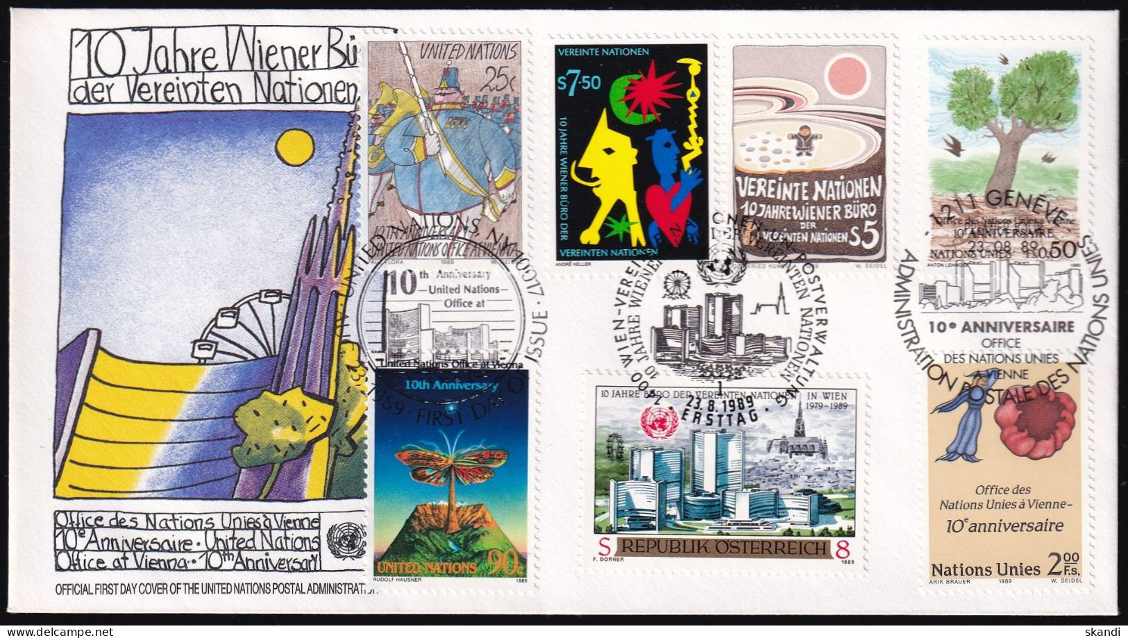 UNO NEW YORK - WIEN - GENF 1989 TRIO-FDC 10 Jahre Wiener Büro - Gemeinschaftsausgaben New York/Genf/Wien