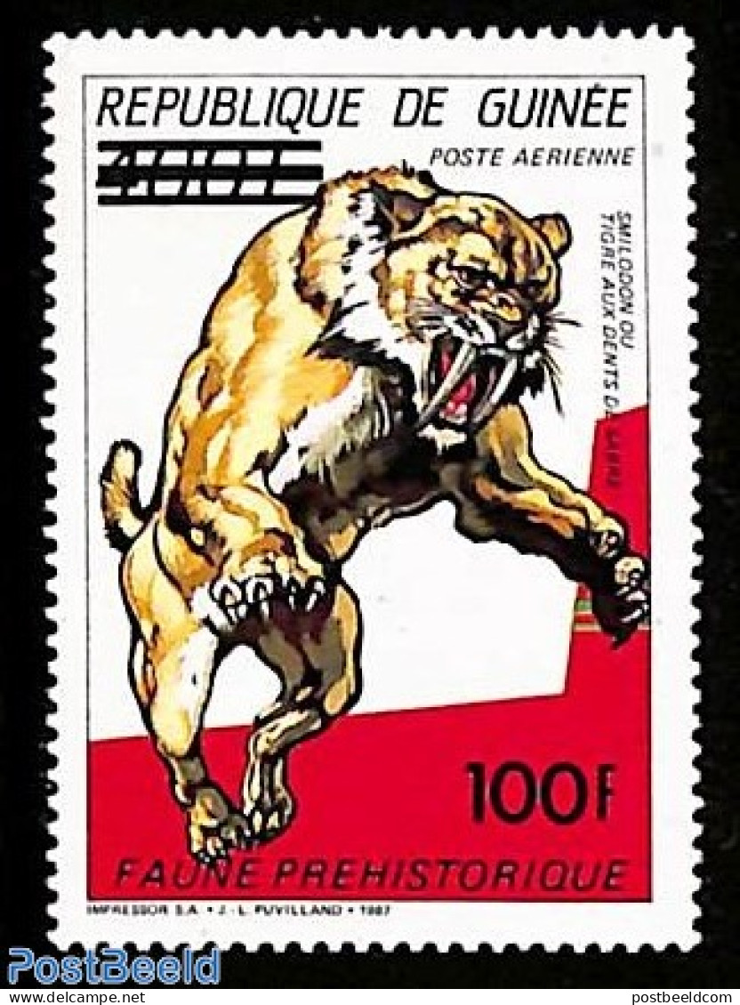 Guinea, Republic 1991 Sabre-tooth Tiger Overprint 1v, Mint NH, Nature - Prehistoric Animals - Prehistorics