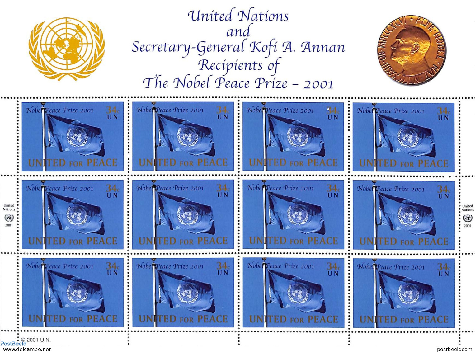 United Nations, New York 2001 Peace Nobelprize M/s, Mint NH, History - Nobel Prize Winners - Premio Nobel
