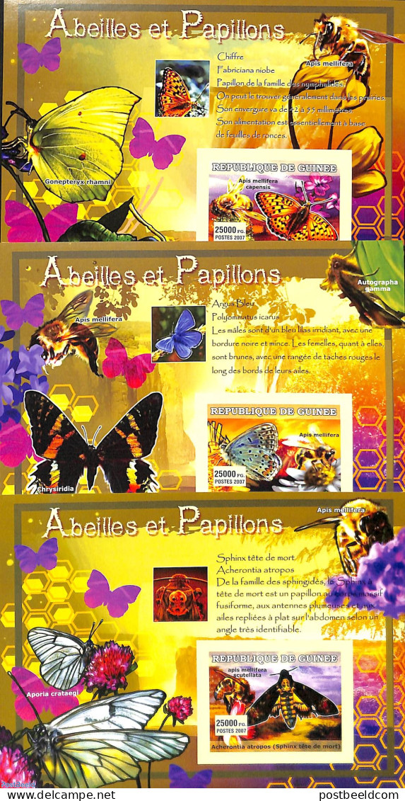 Guinea, Republic 2007 Butterflies 3 S/s, Imperforated, Mint NH, Nature - Butterflies - Other & Unclassified