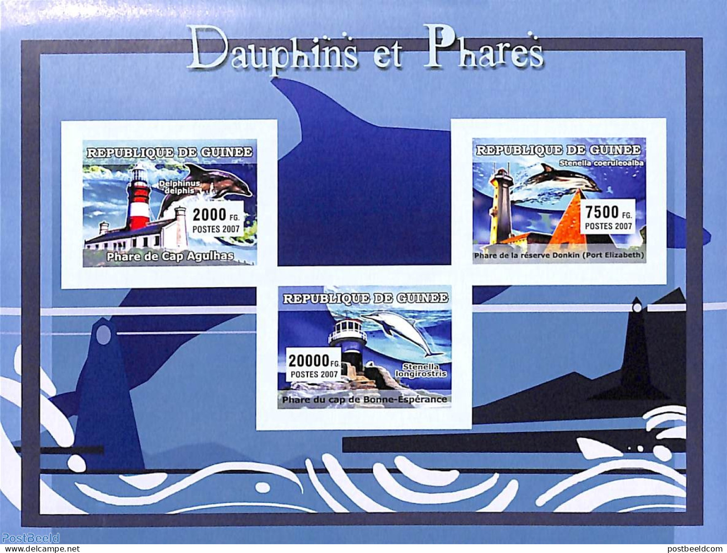 Guinea, Republic 2007 Dolphins & Lighthouses 3v M/s, Imperforated, Mint NH, Nature - Various - Sea Mammals - Lighthous.. - Leuchttürme