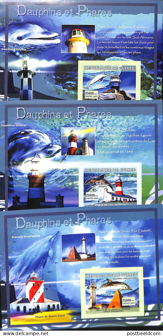 Guinea, Republic 2007 Dolphins & Lighthouses 3 S/s, Imperforated, Mint NH, Nature - Various - Sea Mammals - Lighthouse.. - Phares