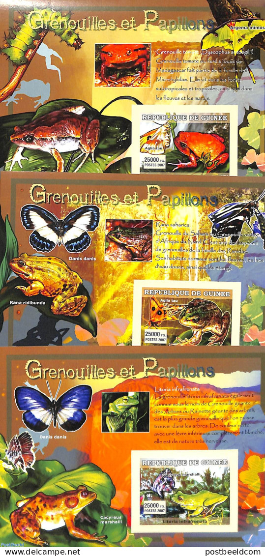 Guinea, Republic 2007 Frogs & Butterflies 3 S/s, Imperforated, Mint NH, Nature - Butterflies - Frogs & Toads - Other & Unclassified