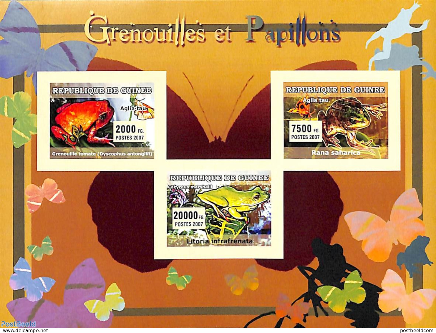 Guinea, Republic 2007 Frogs & Butterflies 3v M/s, Imperforated, Mint NH, Nature - Butterflies - Frogs & Toads - Autres & Non Classés