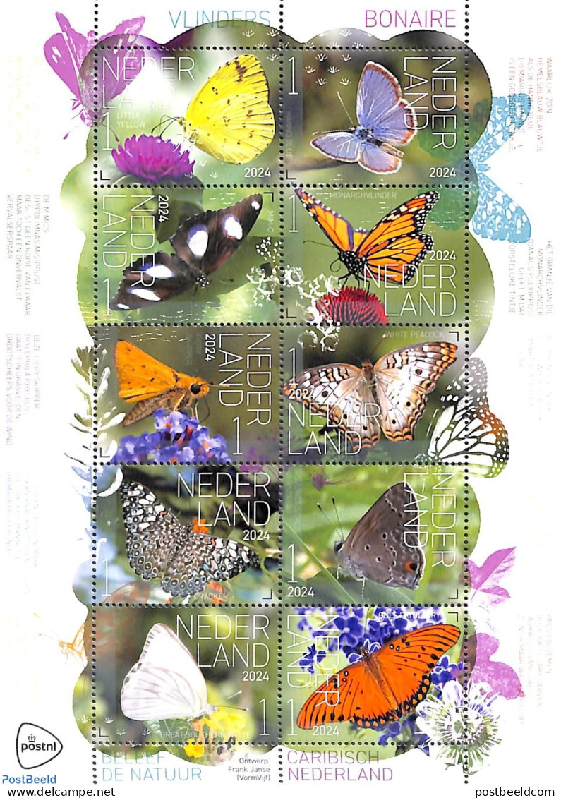 Netherlands 2024 Butterflies From Bonaire 10v M/s, Mint NH, Nature - Butterflies - Unused Stamps