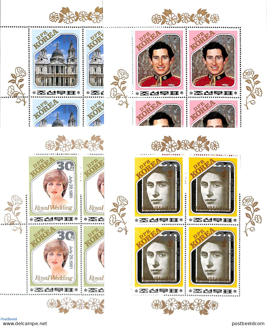 Korea, North 1981 Royal Wedding 4 M/s, Mint NH, History - Charles & Diana - Kings & Queens (Royalty) - Royalties, Royals