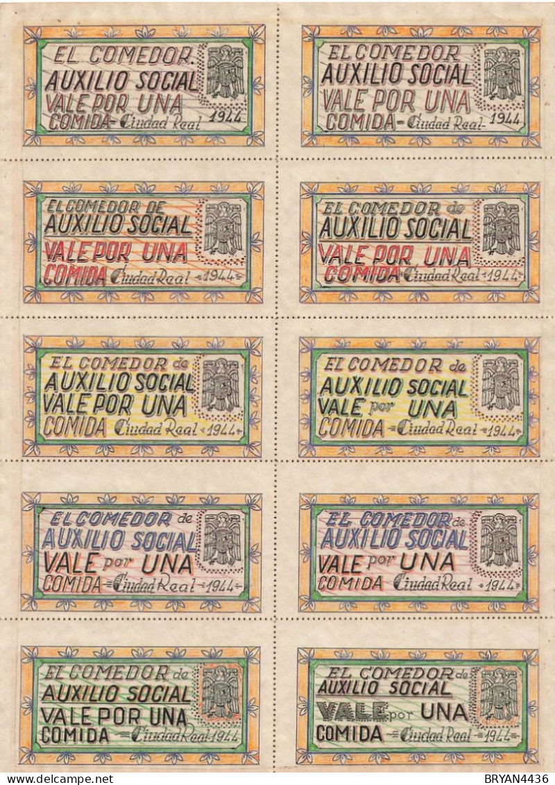 DIVISION AZUL - 1944 - RARE BLOC COMPLET -10 "VIGNETTES BON Pour Un REPAS"- AIDE SOCIALE GUERRE - CUIDAD REAL - Historische Dokumente