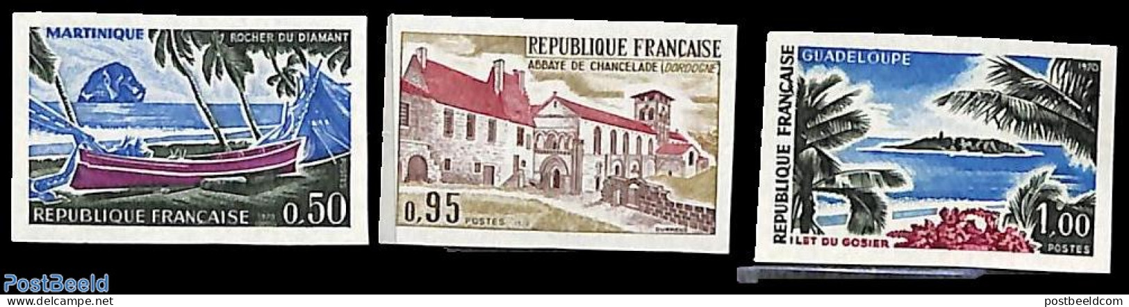 France 1970 Views 3v, Imperforated, Mint NH, Religion - Transport - Cloisters & Abbeys - Ships And Boats - Ongebruikt