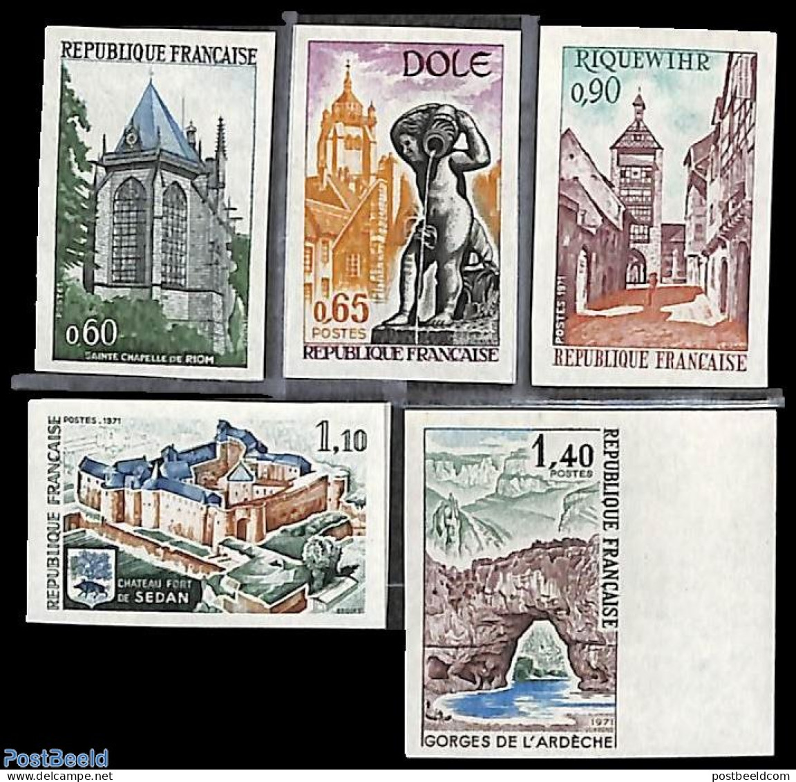 France 1971 Views 5v, Imperforated, Mint NH, Religion - Churches, Temples, Mosques, Synagogues - Art - Castles & Forti.. - Nuovi