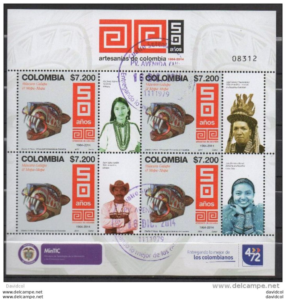 0065B-KOLUMBIEN - 2014 - "ARTESANIAS DE COLOMBIA/ COLOMBIAN HANDCRAFTS". USED SHEET. HIGH FACIAL VALUE - Kolumbien