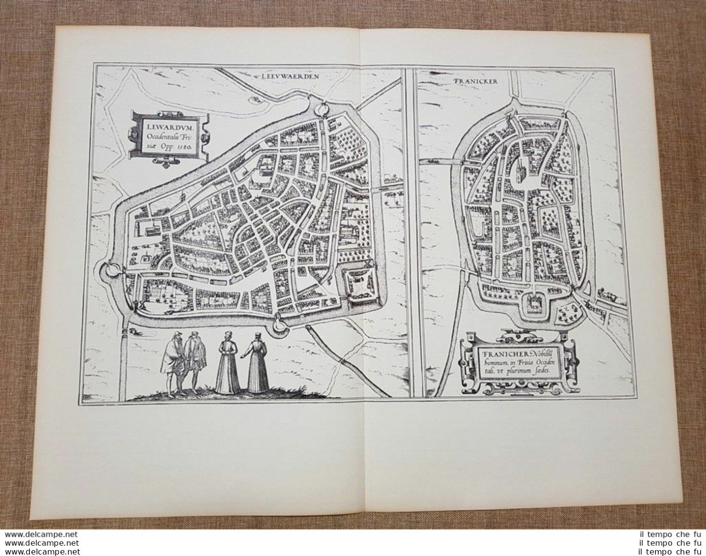 Vedute Delle Città Di Leeuwarden E Franeker Anno 1588 Braun E Hogenberg Ristampa - Cartes Géographiques