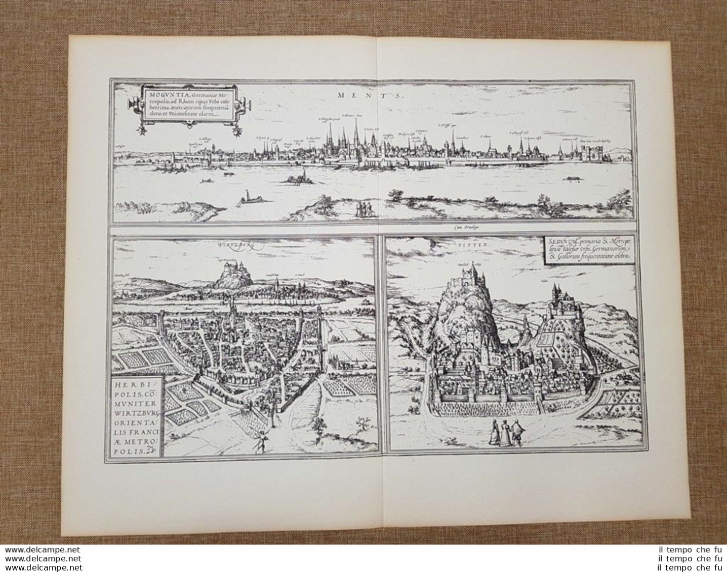 Vedute Delle Città Di Mainz Wurzburg Sion Anno 1572 Braun E Hogenberg Ristampa - Geographische Kaarten