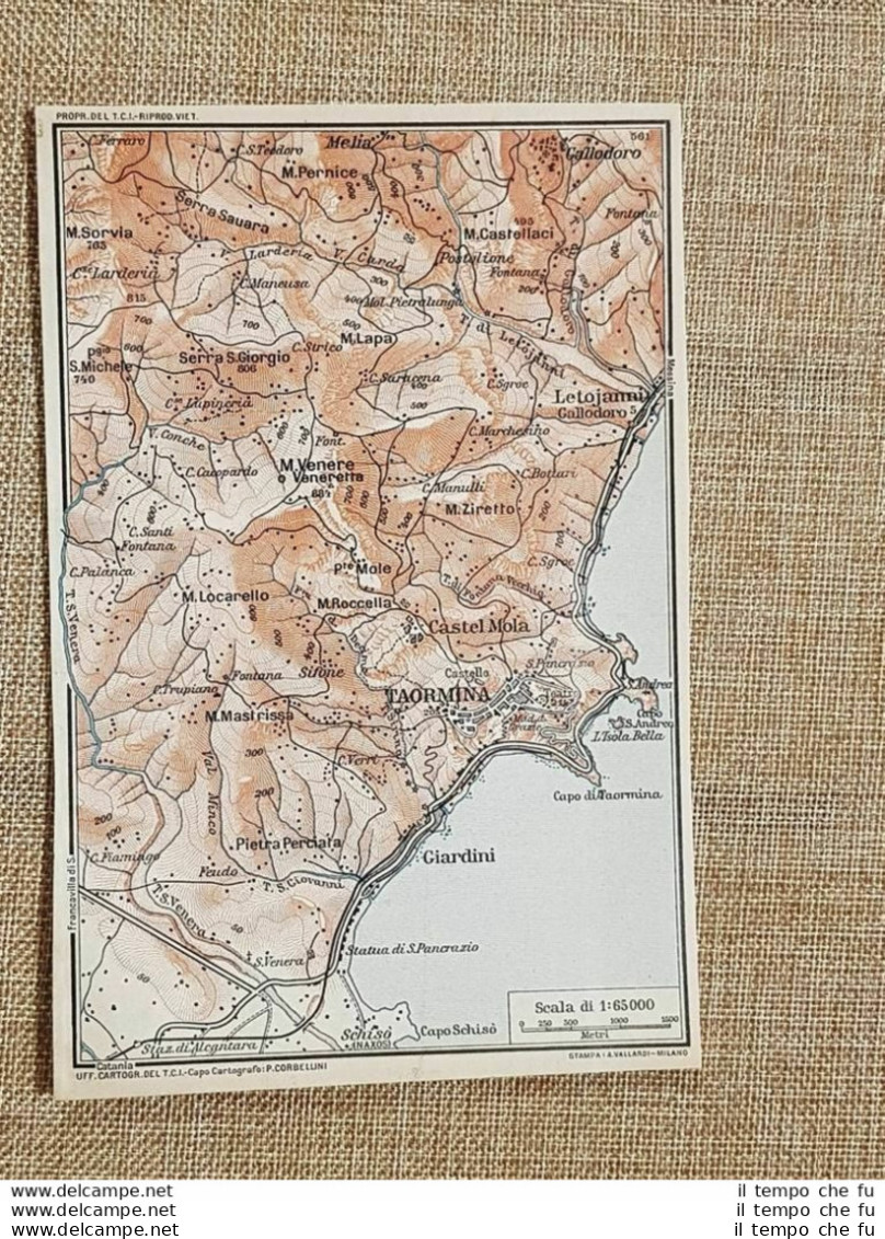 Carta O Cartina Del 1919 Taormina Castel Mola Letojanni Giardini Sicilia T.C.I. - Cartes Géographiques