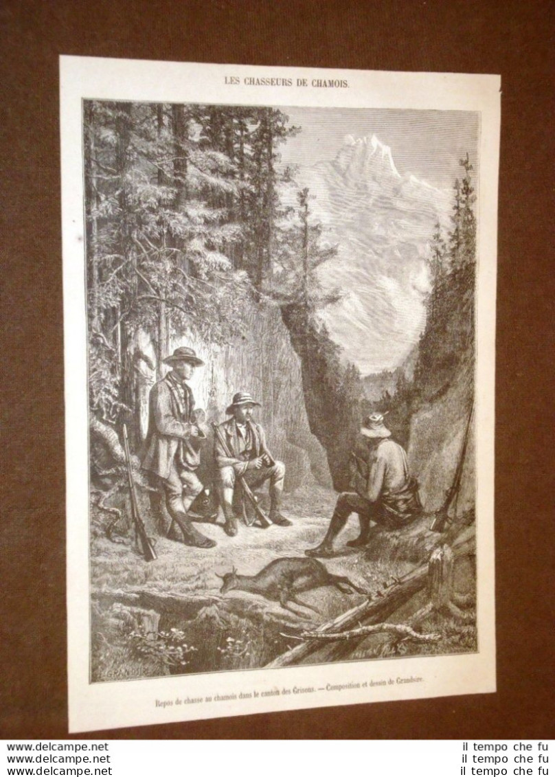 Incisione Del 1873 I Cacciatori Di Camosci Canton Grigioni Svizzera - Before 1900