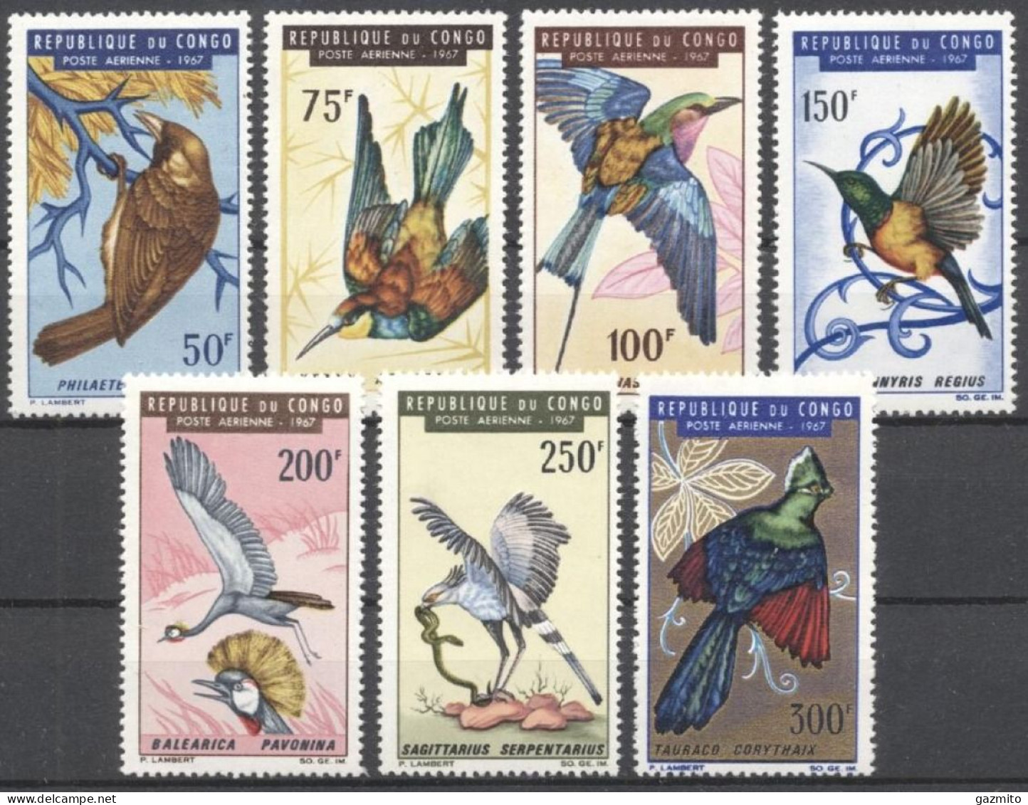 Congo Brazaville 1966, Birds, KingFisher, Serpentarius, 7val - Sperlingsvögel & Singvögel