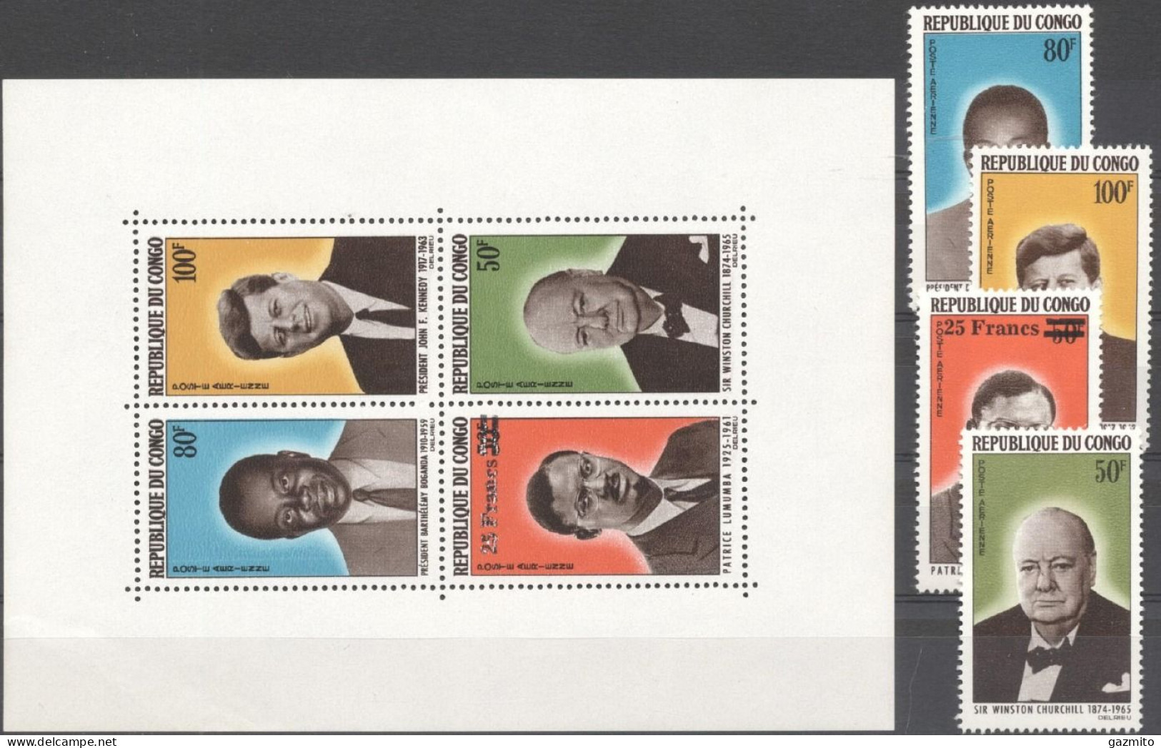 Congo Brazaville 1965, Kennedy, CHurchill, Lumumba, 4val+BF - Kennedy (John F.)